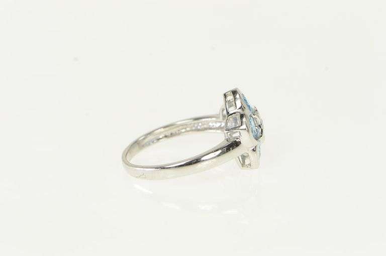 14K White Gold Blue Topaz Ornate Flower Cluster Statement Ring