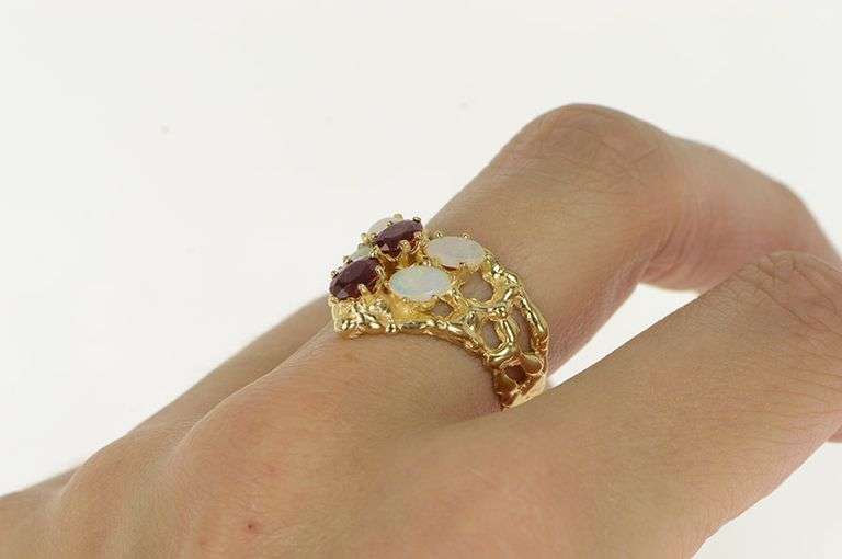14K Yellow Gold Retro Ruby Opal Cluster Chevron Statement Ring