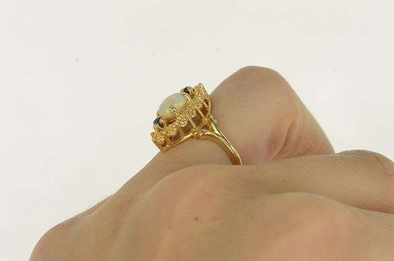 14K Yellow Gold Opal Sapphire Vintage Navette Statement Ring