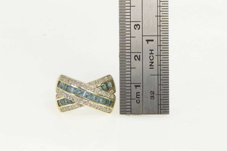 14K Yellow Gold Diamond Blue Topaz Criss Cross X Band Ring
