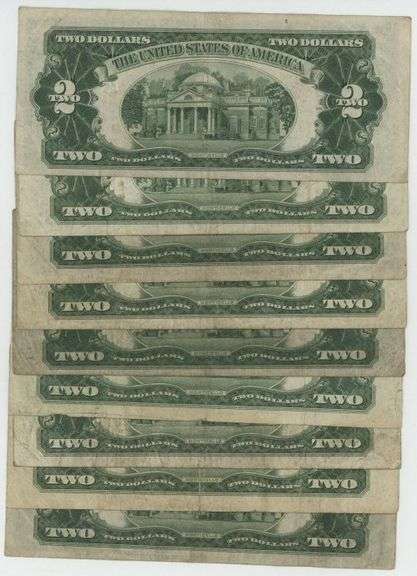 9 Series of 1928 $2 Red Seal Notes in collectible circulated conditions