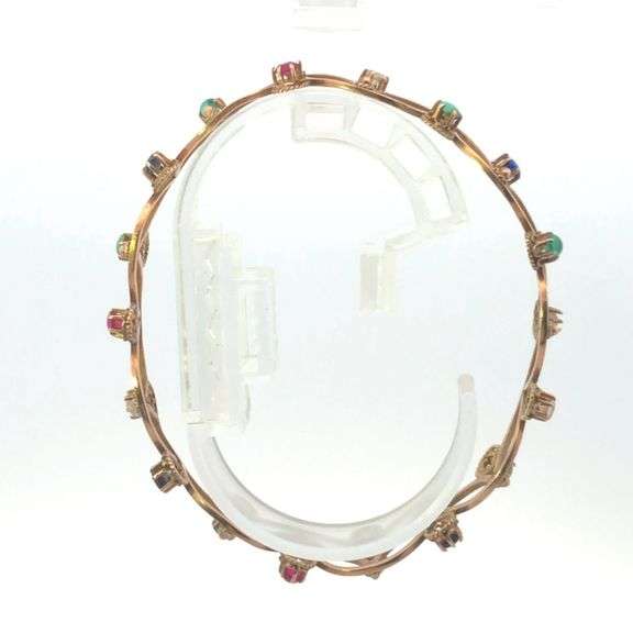 18K Yellow Gold 1960's Sim. Turquoise Leaf Pattern Bangle Bracelet