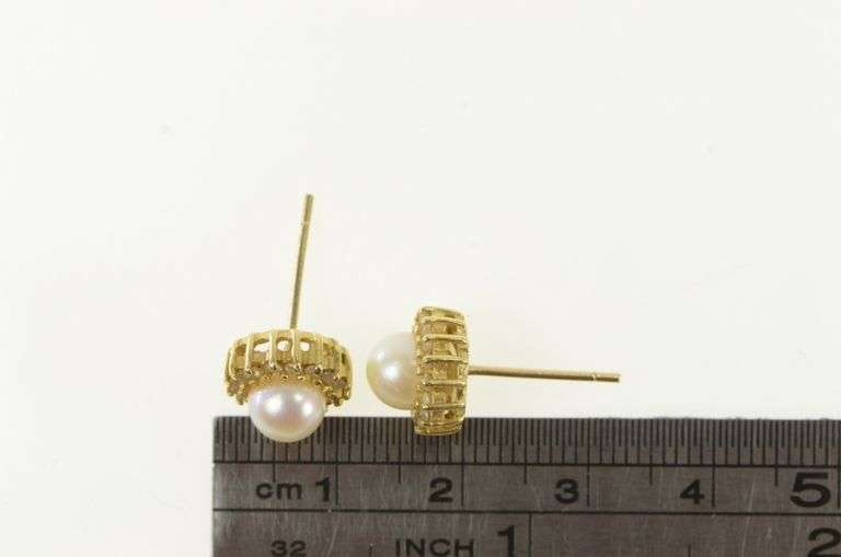 14K Yellow Gold 6.2mm Pearl Diamond Halo Vintage Stud Earrings