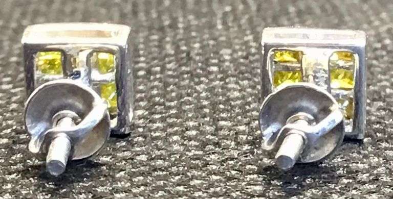 STUNNING 14K WHITE GOLD SQUARE SHAPED YELLOW DIAMOND STUD EARRINGS