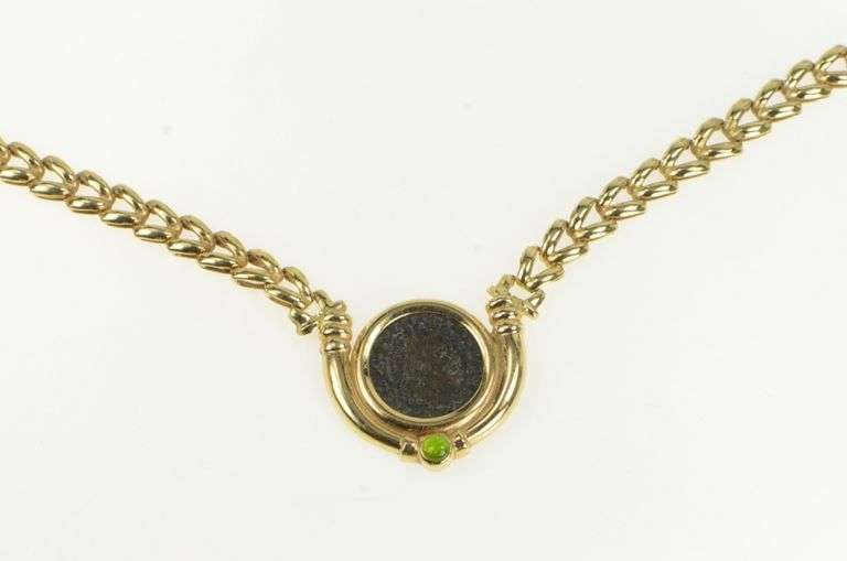 14K Yellow Gold Ancient Roman Coin Peridot Arrow Link Chain Necklace