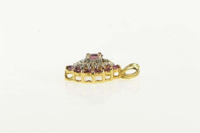 14K Yellow Gold Marquise Ruby Diamond Halo Cluster Vintage Pendant