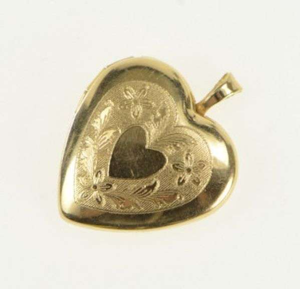 14K Yellow Gold Engraved Heart Photo Picture Locket Flower Pendant
