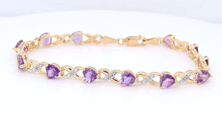 Attractive Yellow Gold Amethyst Heart and Diamond accent Bracelet