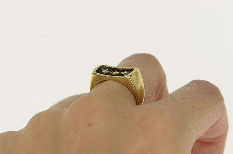 14K Yellow Gold Squared Diamond Inset Vintage Statement Band Ring