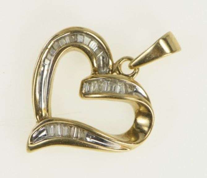 10K Yellow Gold Baguette Diamond Wavy Curvy Heart Pendant