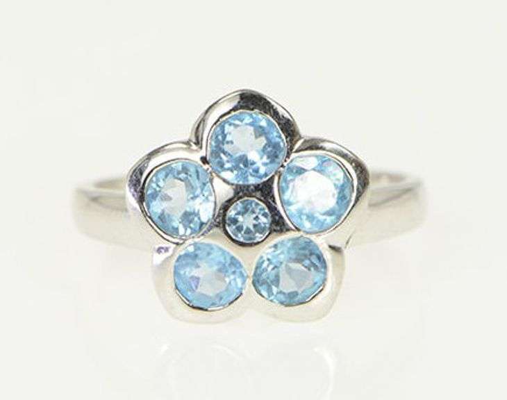 14K White Gold Blue Topaz Ornate Flower Cluster Statement Ring