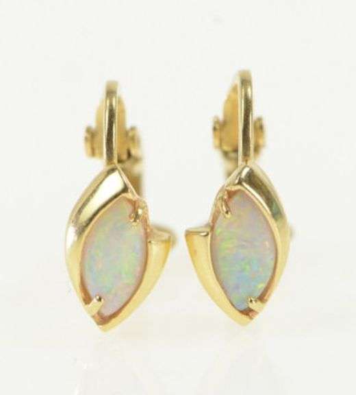 14K Yellow Gold Marquise Opal Ornate Bypass Clip Back Earrings