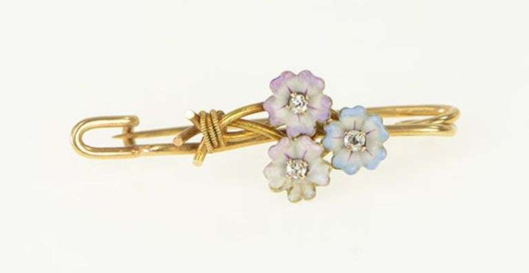 14K Yellow Gold Victorian Enamel Flower Daisy Bouquet Bar Pin/Brooch