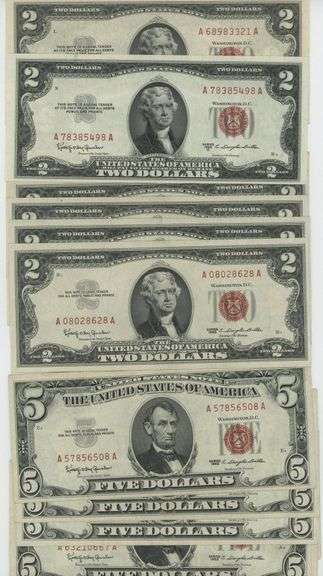 Nice Crisp lot of 11 Small Size $2 Red Seals. 5 1953 & 6 1963
