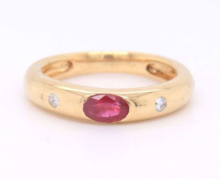 Fantastic Yellow Gold East West Ruby and Diamond Ring