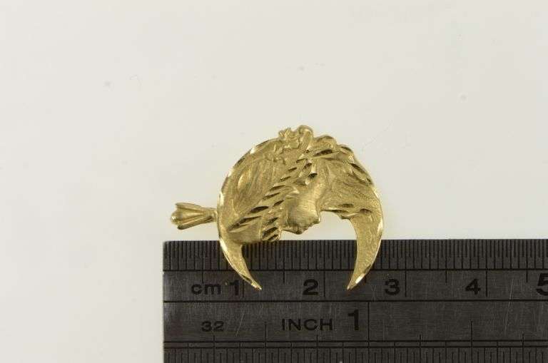 14K Yellow Gold Vintage Engraved Girl in Crescent Moon Charm/Pendant