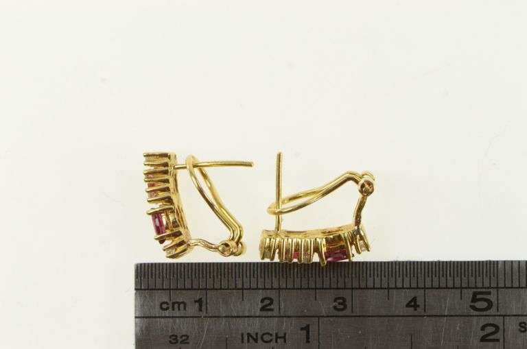 14K Yellow Gold Squared Natural Ruby Diamond Bar French Clip Earrings