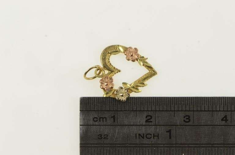 14K Yellow Gold Black Hills Gold Leaf Rose Flower Heart Charm/Pendant