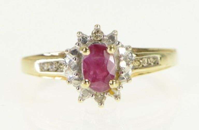 10K Yellow Gold Oval Ruby Diamond Accent Vintage Statement Ring