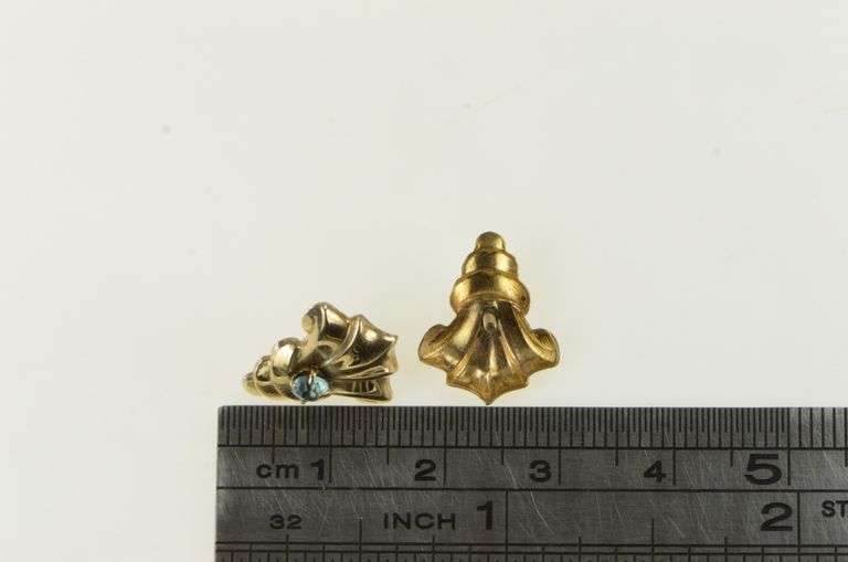10K Yellow Gold Art Deco Blue Topaz Ornate Scroll Stud Earrings