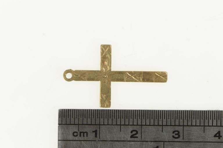 10K Yellow Gold Art Deco Flower Engraved Cross Christian Pendant