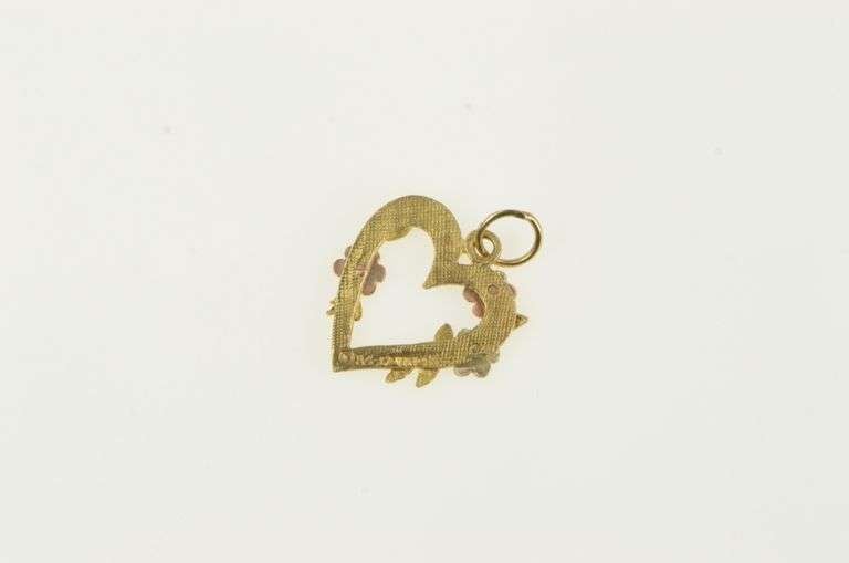 14K Yellow Gold Black Hills Gold Leaf Rose Flower Heart Charm/Pendant