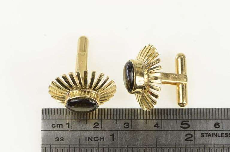 14K Yellow Gold Oval Black Star Sapphire Sunburst Vintage Cuff Links