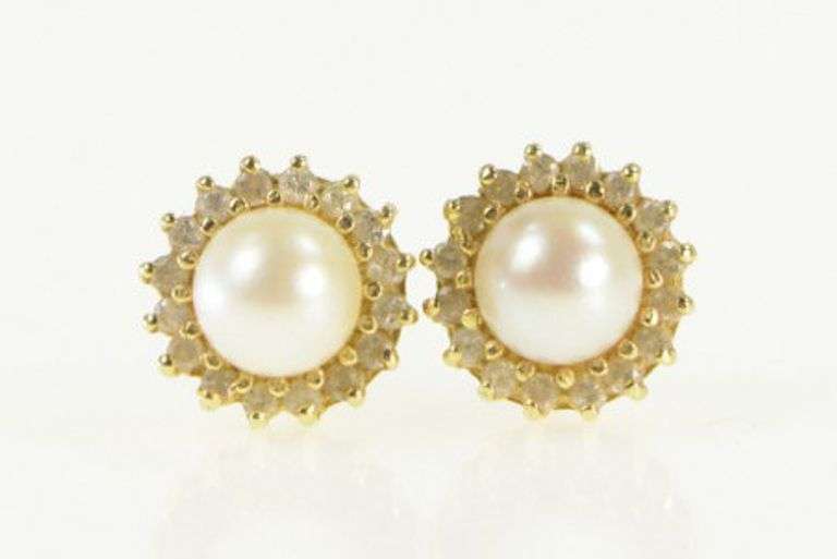 14K Yellow Gold 6.2mm Pearl Diamond Halo Vintage Stud Earrings