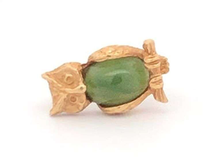 14K Yellow Gold Nephrite Owl Wisdom Symbol Vintage Lapel Pin/Brooch