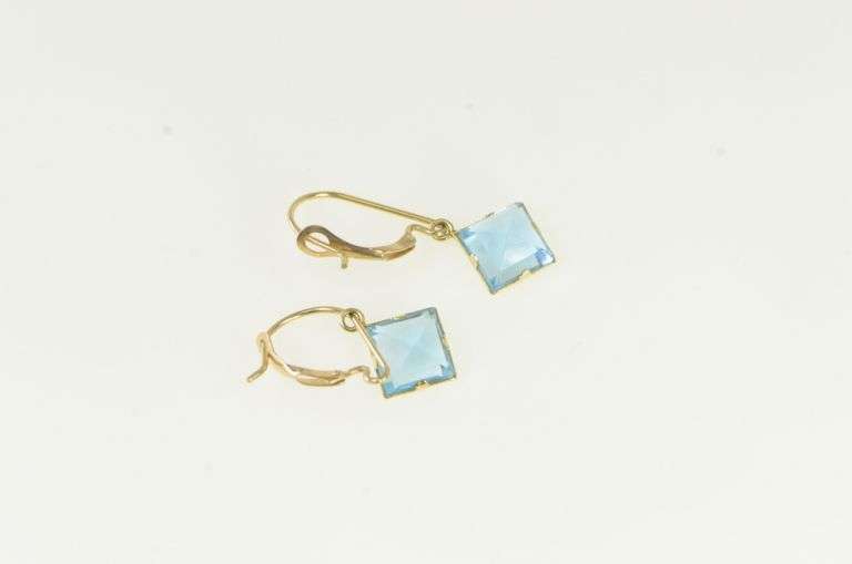 14K Yellow Gold Princess Blue Topaz Dangle Lever Back Earrings