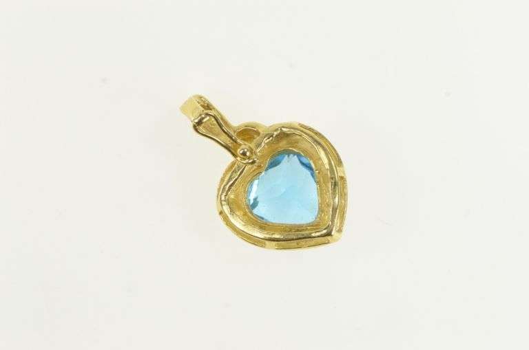 14K Yellow Gold Heart Blue Topaz Ornate Enhancer Bail Pendant