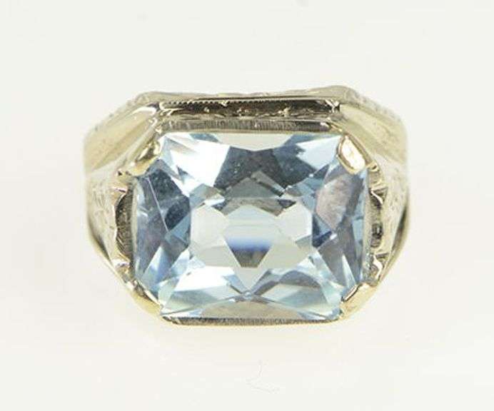14K White Gold Art Deco Blue Topaz Engraved Floral Statement Ring
