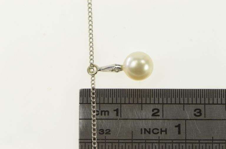 14K White Gold 1950's 7.2mm Pearl Diamond Drop Chain Necklace