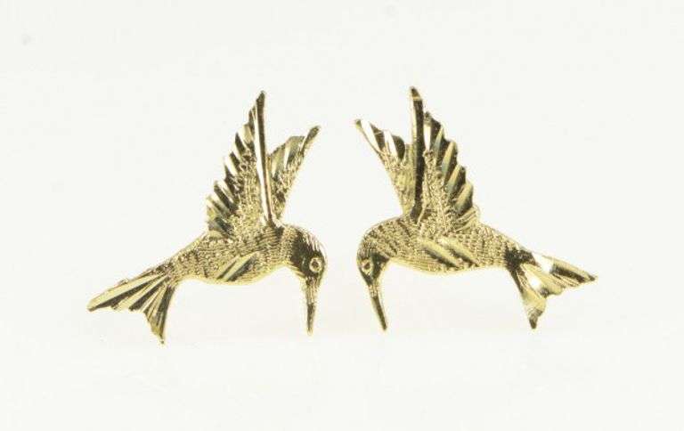 14K Yellow Gold Diamond Cut Hummingbird Stud Earrings