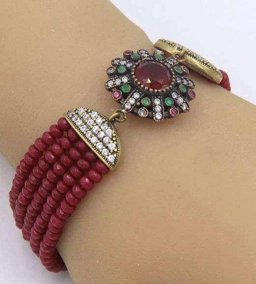 925 Sterling Silver Emerald, Ruby and Cubic Zirconia with 6.75 inches 5 Row Ruby Beads Bracelet