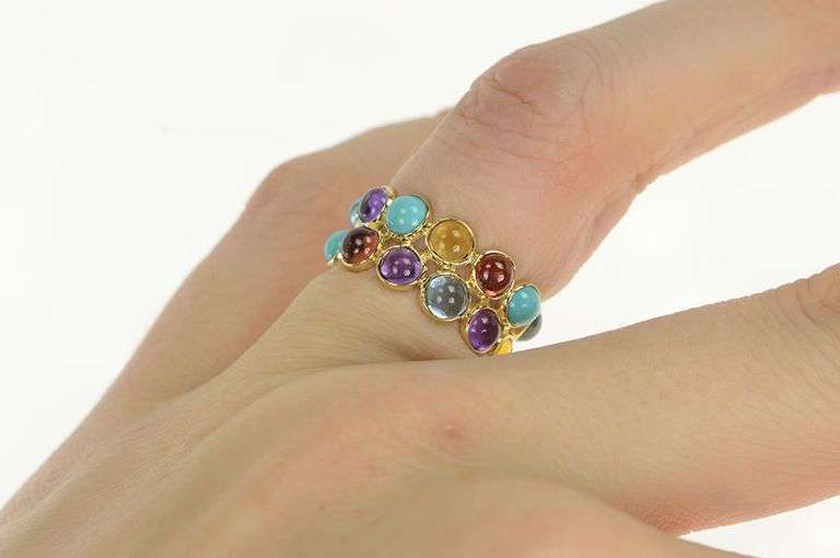 14K Yellow Gold Cabochon Amethyst Topaz Turquoise Pebble Ring