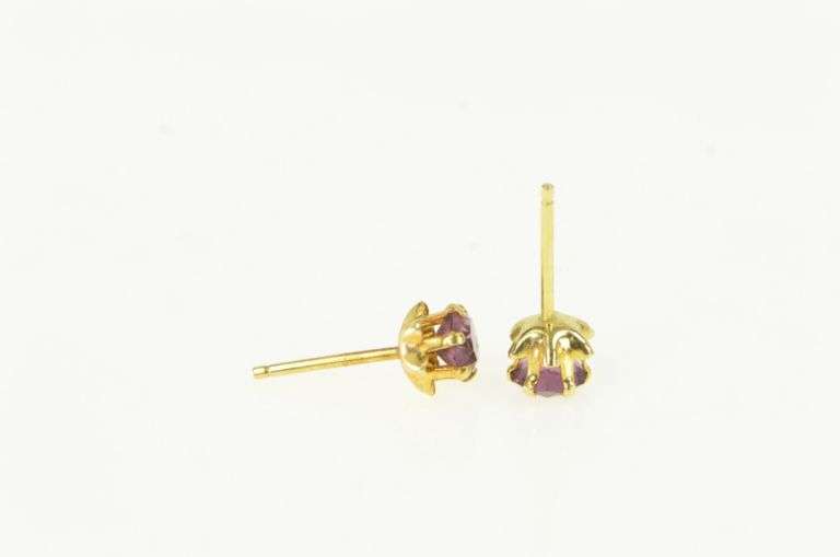 10K Yellow Gold Round Sim. Amethyst Solitaire Vintage Stud Earrings