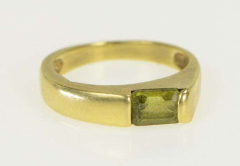 14K Yellow Gold Emerald Cut Peridot Geometric Stackable Band Ring