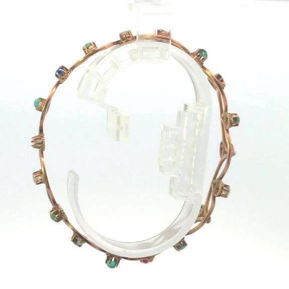18K Yellow Gold 1960's Sim. Turquoise Leaf Pattern Bangle Bracelet