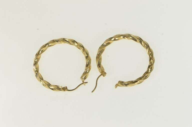 10K Yellow Gold 30.5mm Twist Design Vintage Statement Hoop Earrings