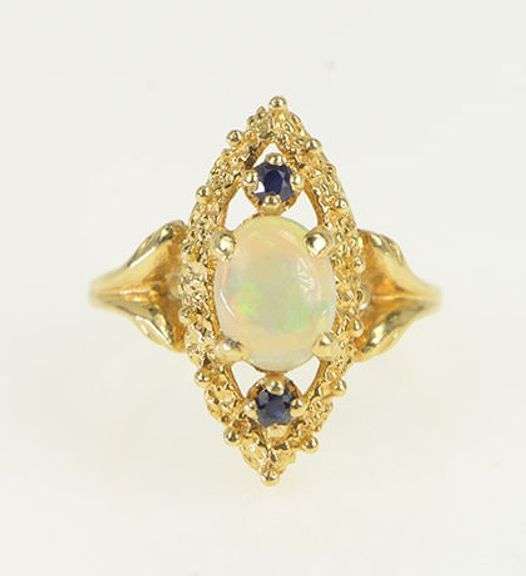 14K Yellow Gold Opal Sapphire Vintage Navette Statement Ring