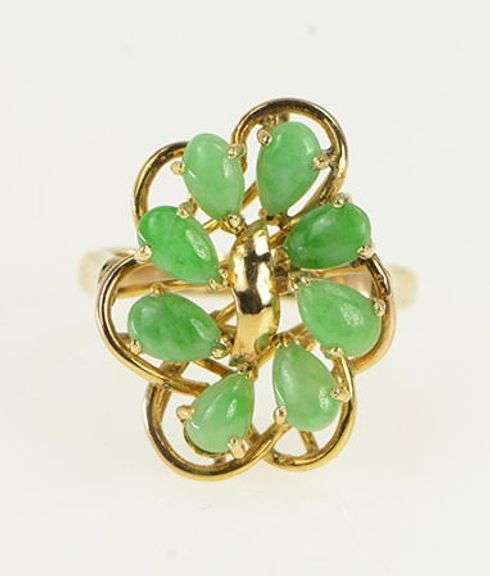 14K Yellow Gold Pear Jadeite Vintage Ornate Cluster Statement Ring