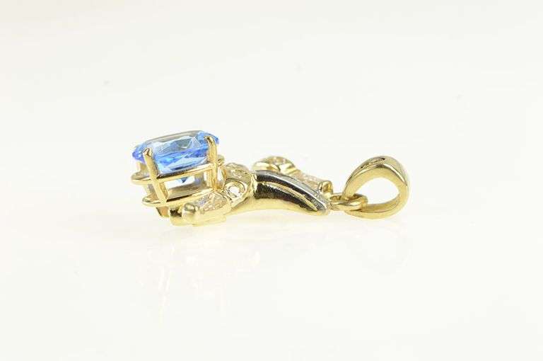 14K Yellow Gold Oval Blue Topaz Diamond Freeform Pendant