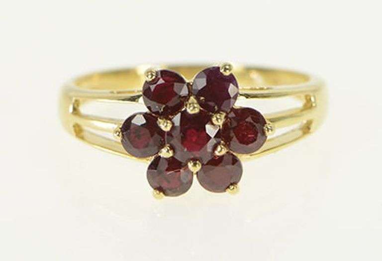 14K Yellow Gold Ruby Flower Vintage Statement Cluster Ring
