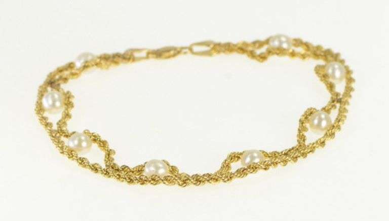 10K Yellow Gold Pearl Rope Woven Chain Vintage Retro Bracelet