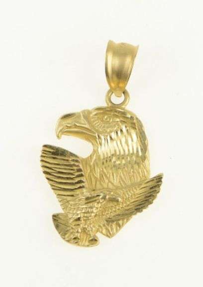 14K Yellow Gold Diamond Cut Bald Eagle Patriotic USA Pendant