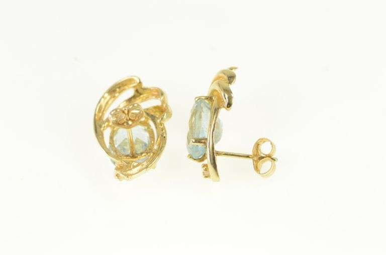 14K Yellow Gold Oval Blue Topaz Swirl Statement Stud Earrings