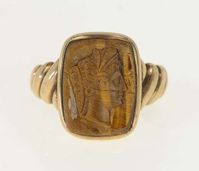 14K Yellow Gold 1890's Victorian Tiger's Eye Carved Intaglio Ring