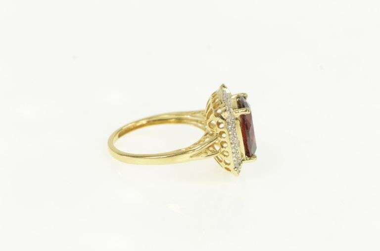 14K Yellow Gold Oval Garnet Diamond Halo Statement Ring