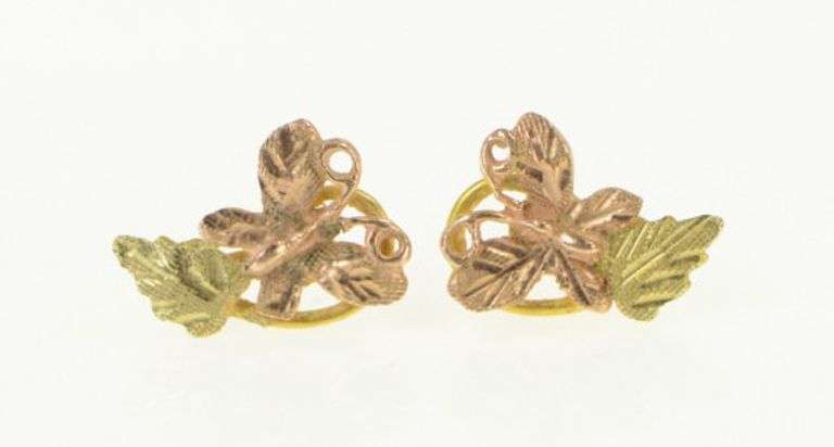 12K Yellow Gold Two Tone Black Hills Gold Leaf Vintage Stud Earrings